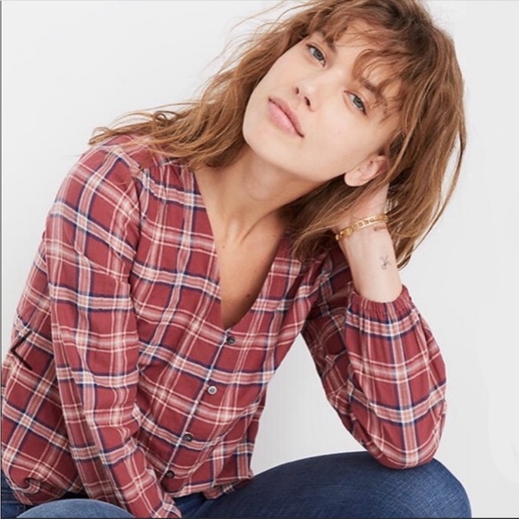 Madewell V-Neck Button Down Shirt I’m Stratfield Plaid - Picture 6 of 14